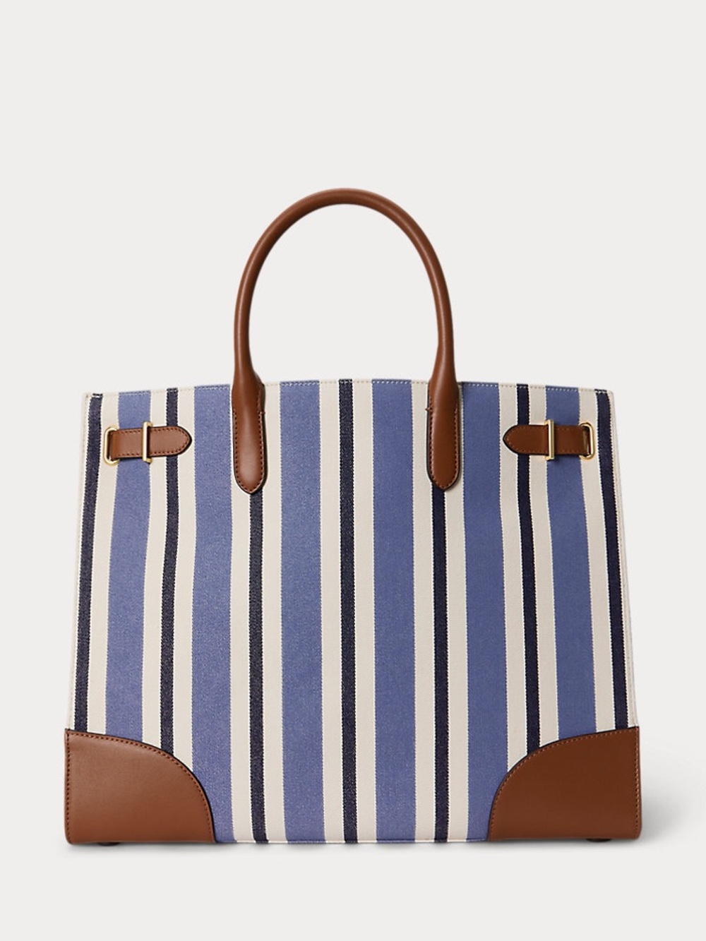 NWOT Ralph Lauren Blue and White Striped Canvas Travel Tote with Leather Trim